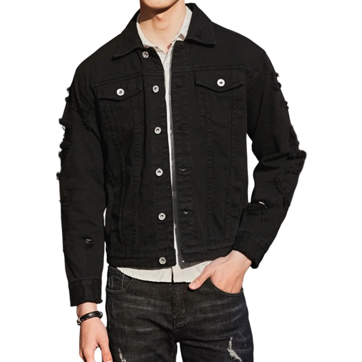 Мужская джинсовая куртка с рваным эффектом Trucker Coat, Nero