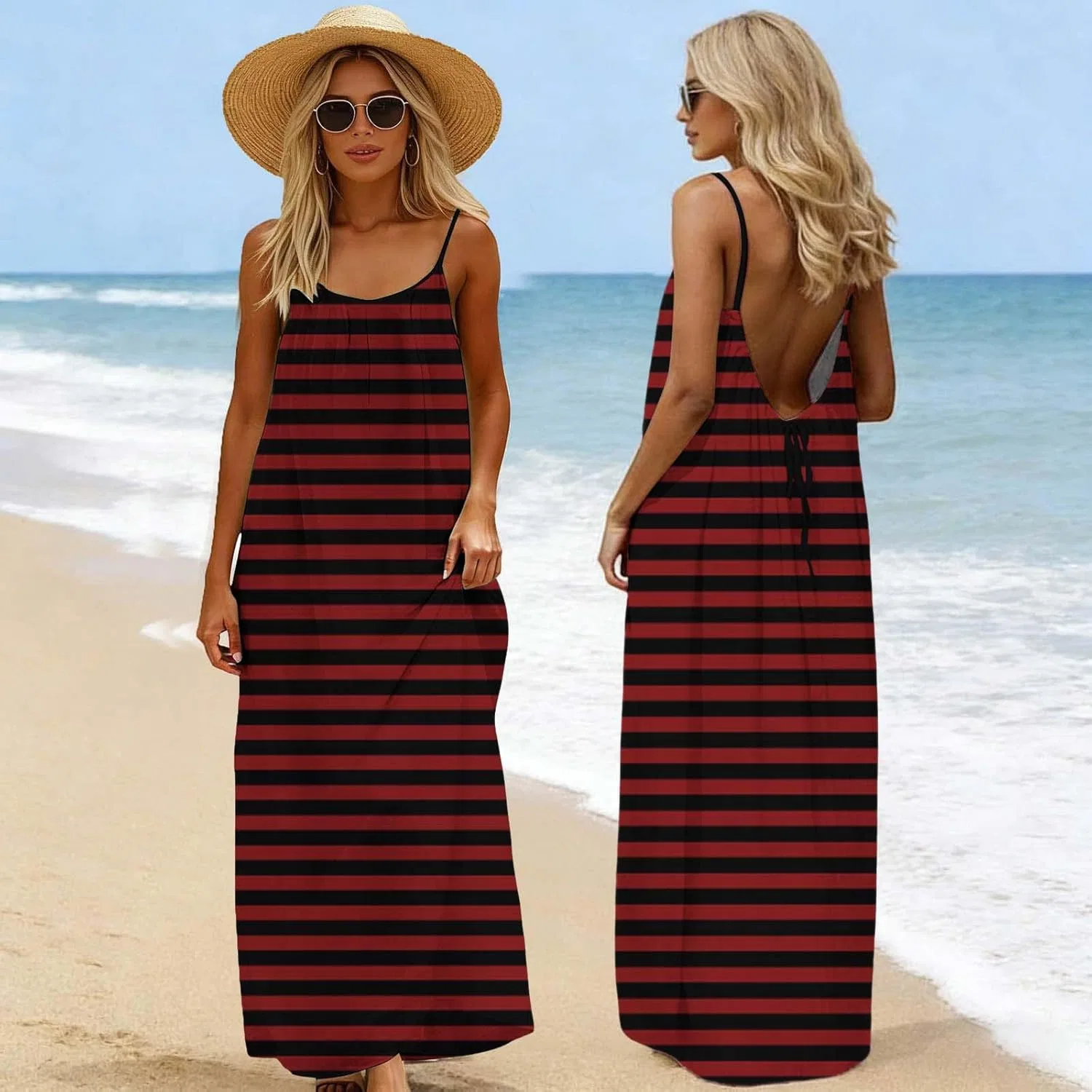 Женское летнее пляжное платье-макси с открытой спиной, в полоску, Wine — фото 2