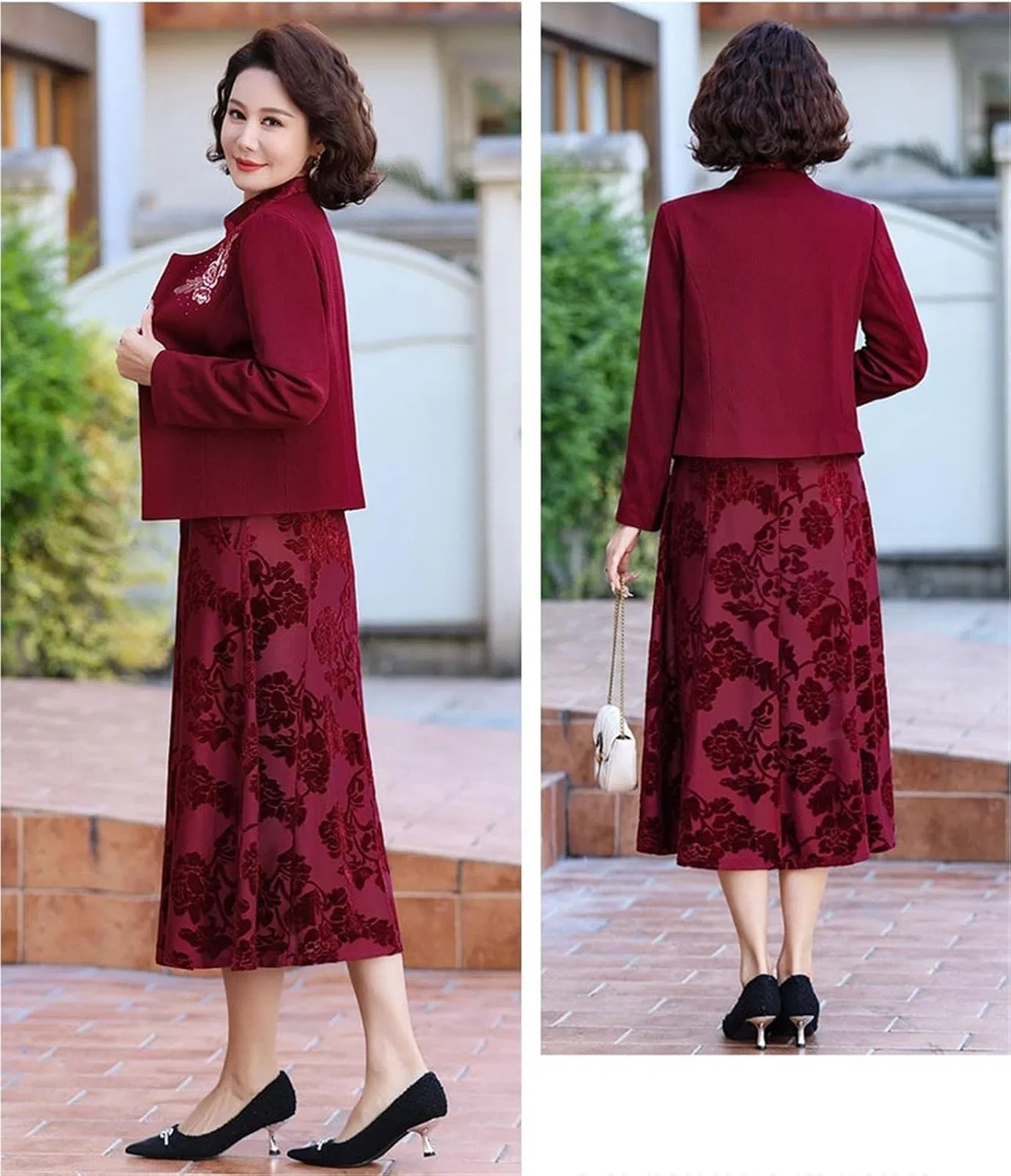 Женский комплект из кардигана и платья с вышивкой Generic, Wine Red — фото 3