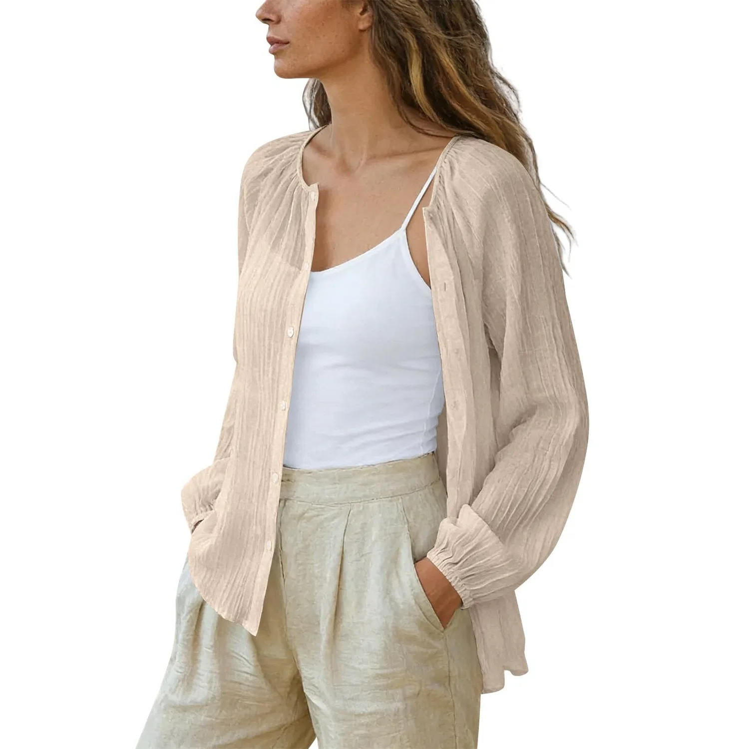 Женская блузка из хлопка и льна с длинным рукавом, Beige — фото 4