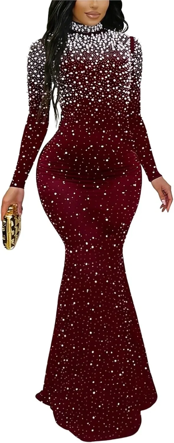 Женское вечернее платье с завышенной талией и стразами Bodycon Maxi, Wine Red