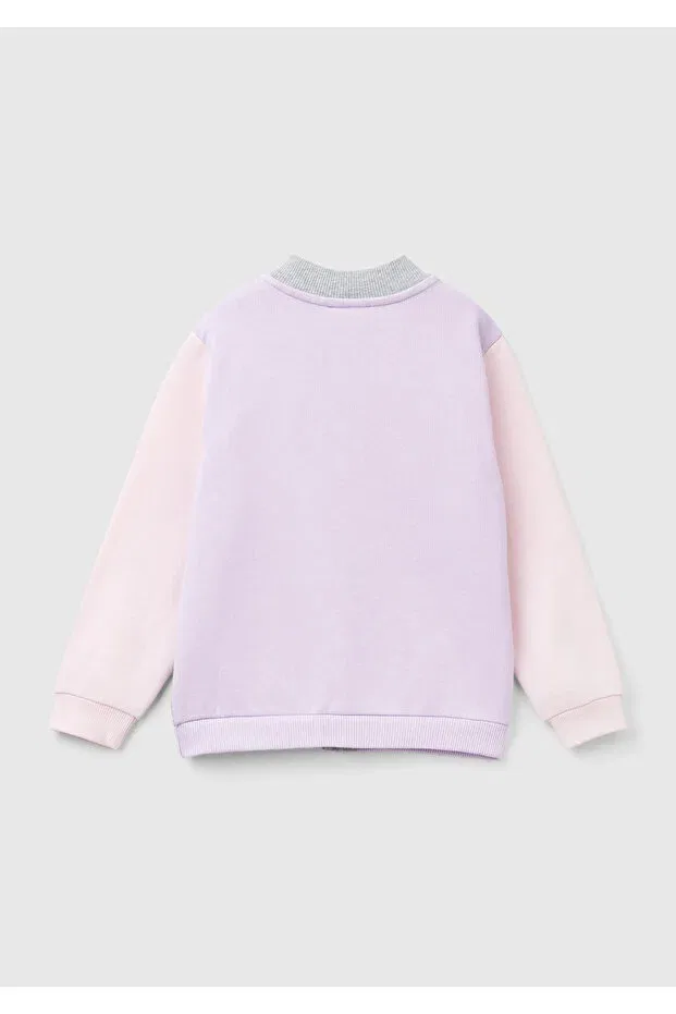 Детские свитшот для девочек с принтом Girl's gray melange mix front logo printed regular fit zippered pocket sweatshirt United Colors Of Benetton, Gray Melange Mix — фото 2