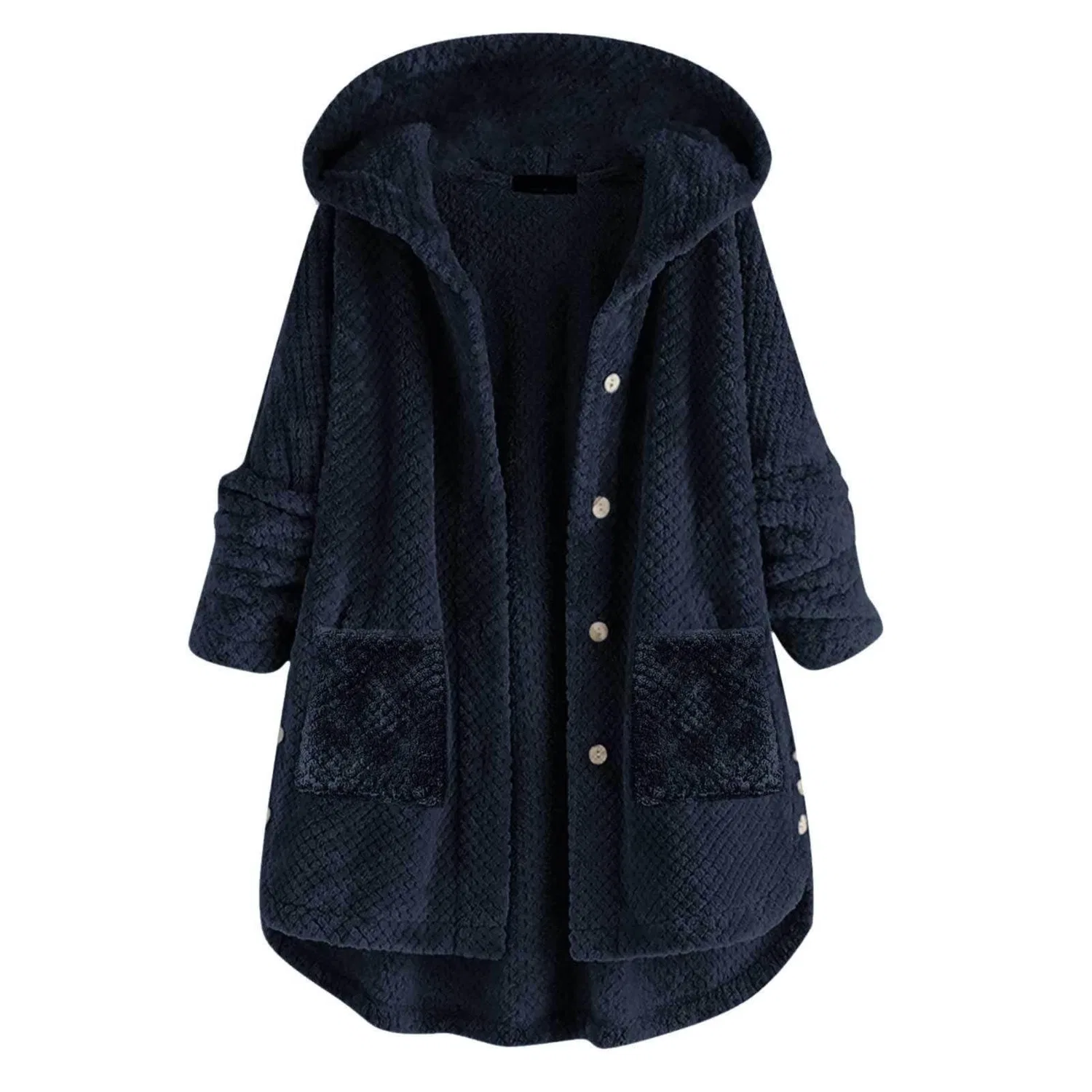 Женское удлиненное пальто-кардиган с капюшоном из флиса, Blu