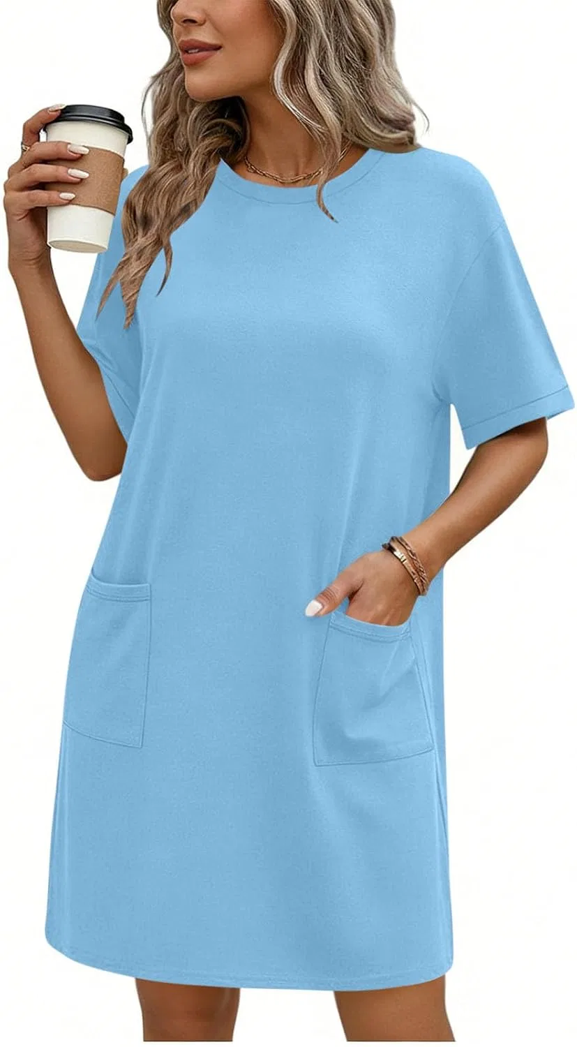 Женское мини-платье свободного кроя с коротким рукавом, Light Blue — фото 2