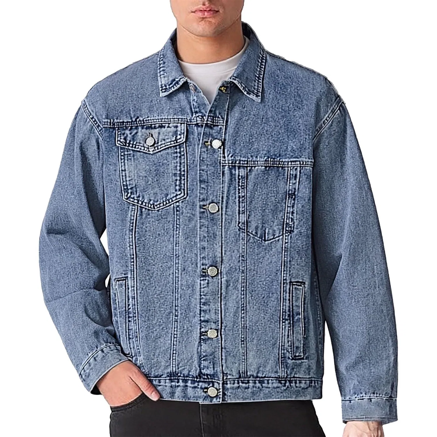 Мужская джинсовая куртка с потертостями и длинным рукавом, Z11-blue Denim Giacca Uomo