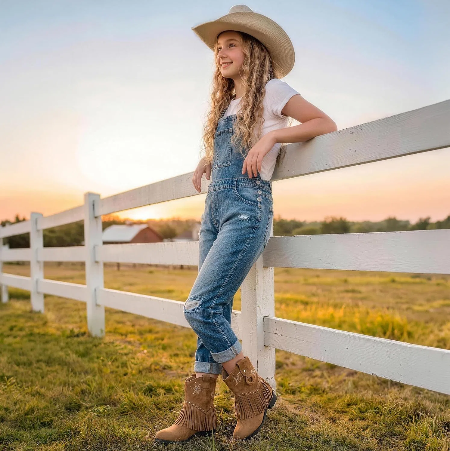 Детские сапоги для девочек с принтом Choiran Fringe Cowgirl Boots, Khaki — фото 3