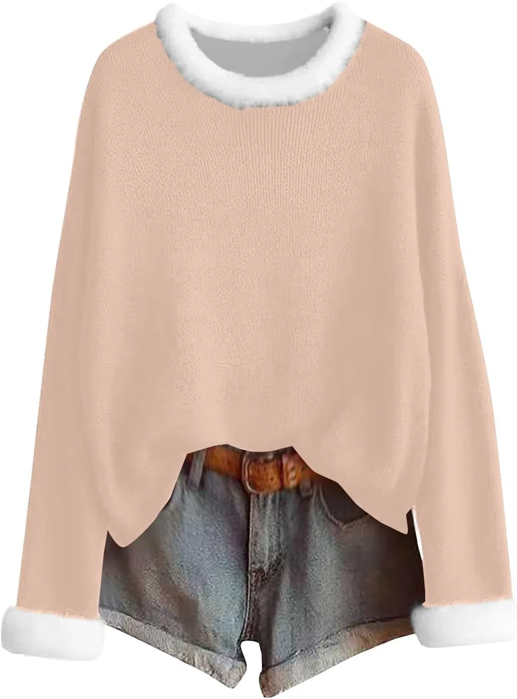 Женский свитшот с принтом White Faux Fur Trim V Neck, розовое золото — фото 4