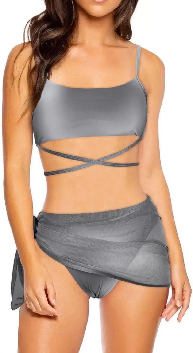 Женский бикини-комплект из трех предметов с галстуком и парео Tie Dye, Gray