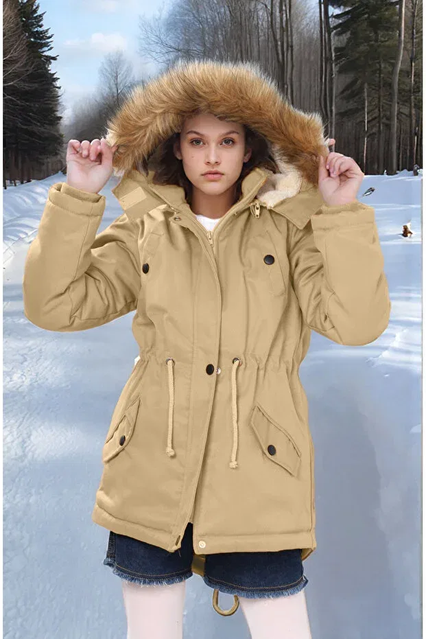 Детское пальто для девочек с капюшоном Waterproof coat with fur inside, hood and zipper - non-deformable winter coat - machine washable Joui Co, Beige
