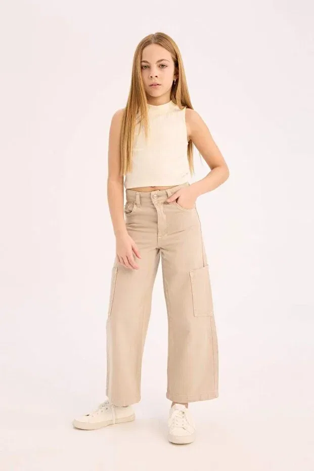 Детские джинсы для девочек с широкой штаниной Defacto, Beige-Bg122