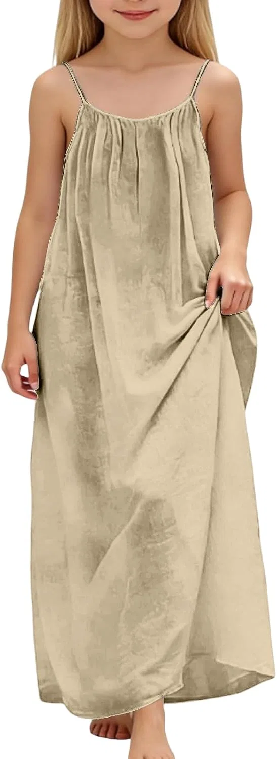 Длинное платье на бретелях из льна и хлопка, Beige