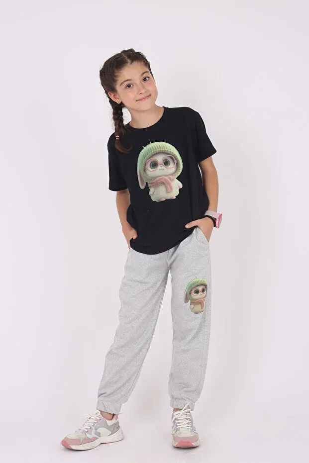 Детский комплект для девочек с принтом Cute Rabbit Print T-Shirt & Solid Bottom Girl's Set Cm Buseyiz, Black-Gray — фото 2