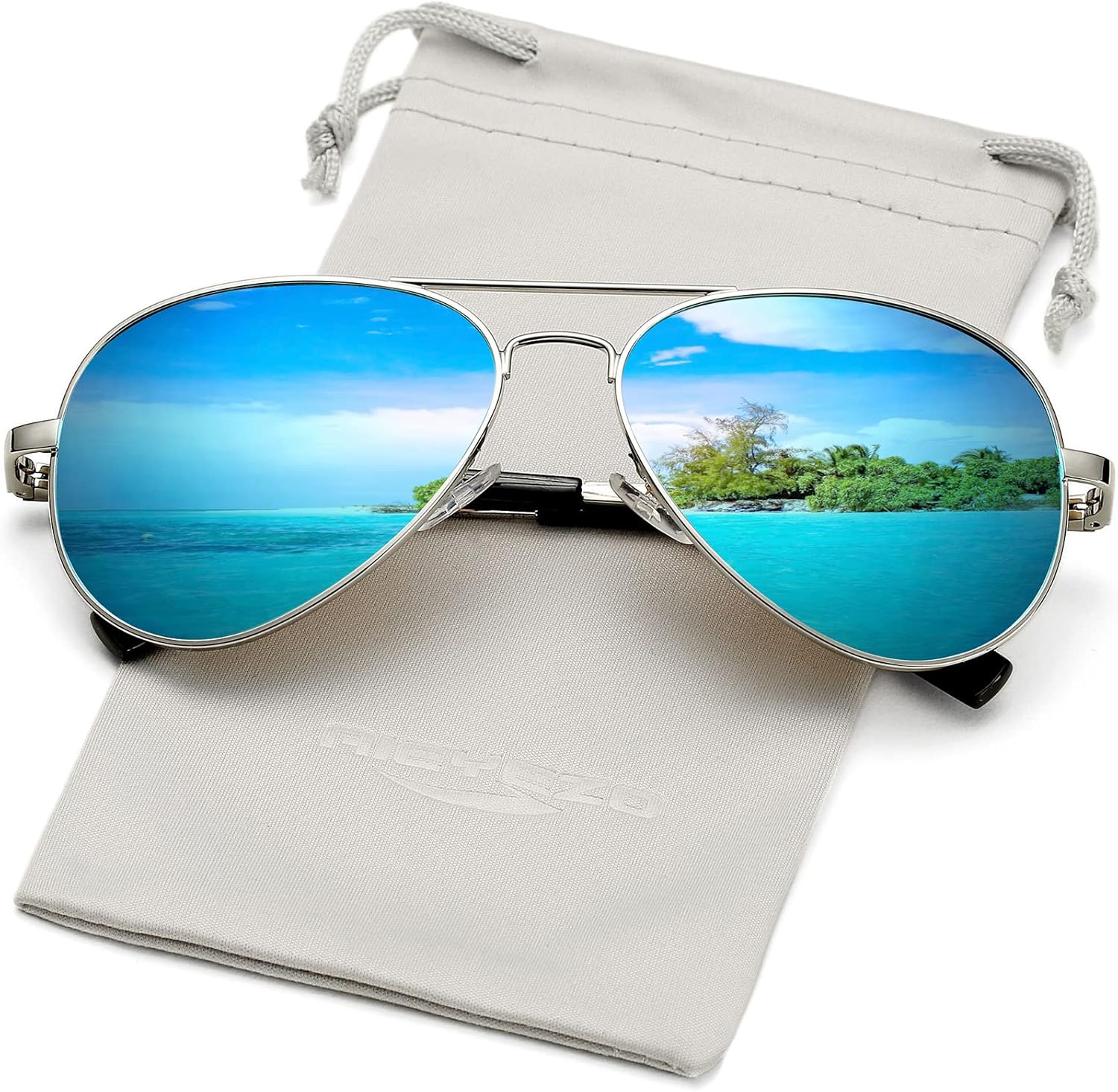 

Классические поляризованные солнцезащитные очки-авиаторы AIEYEZO для мужчин и женщин, с пружинным шарниром и металлической оправой, защита от УФ-излучения UV400, Silver/Ice Blue Mirror