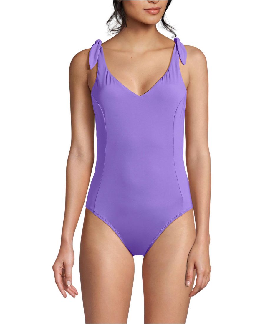 

Женский слитный купальник с завязками на плечах, V-образным вырезом и высокой посадкой Lands' End, Lavender fusion