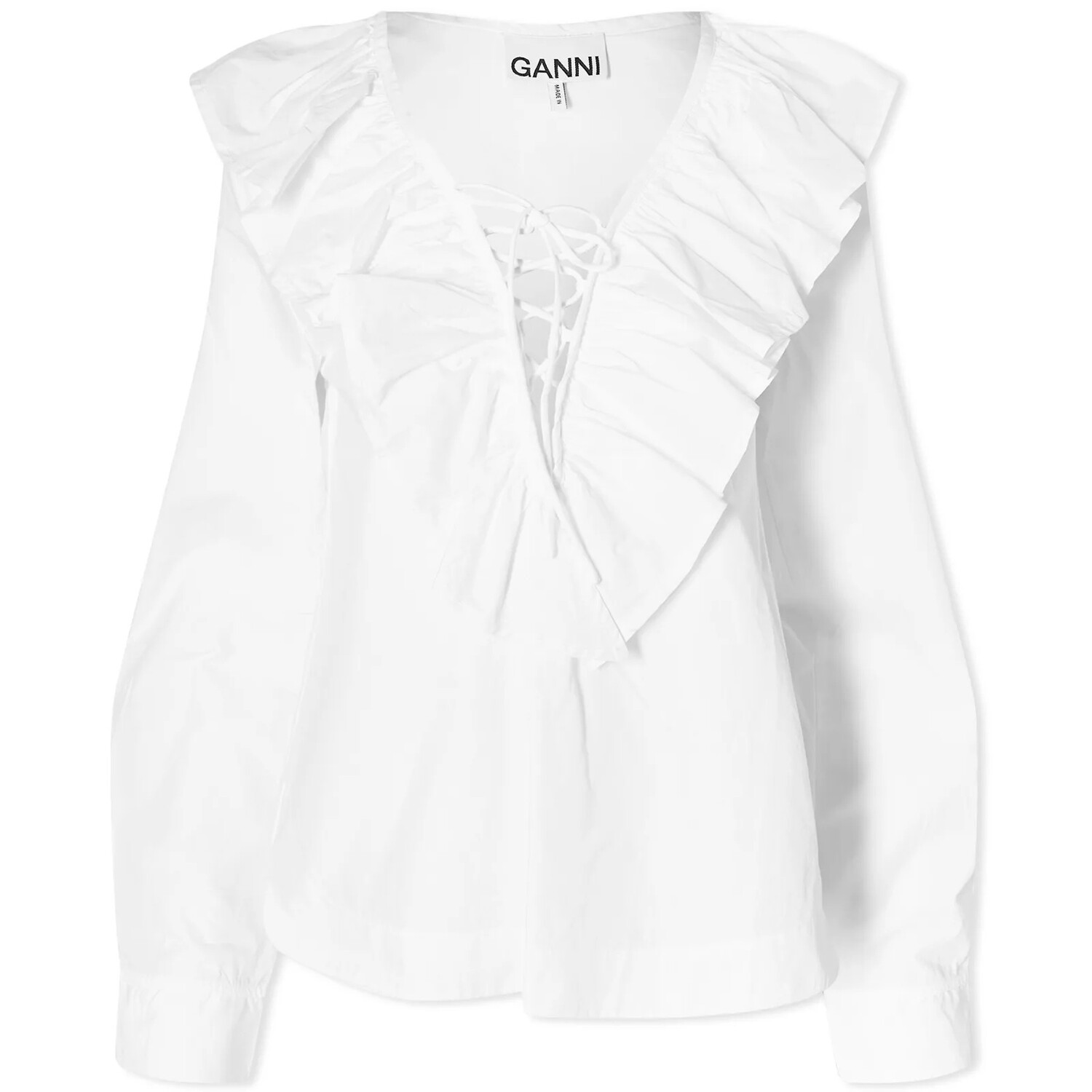 

Блуза Ganni Cotton Poplin Ruffle V-neck, белый