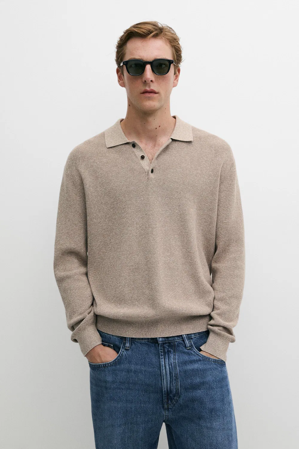 Поло-свитер Massimo Dutti 100% Cotton Mouliné, бежевый