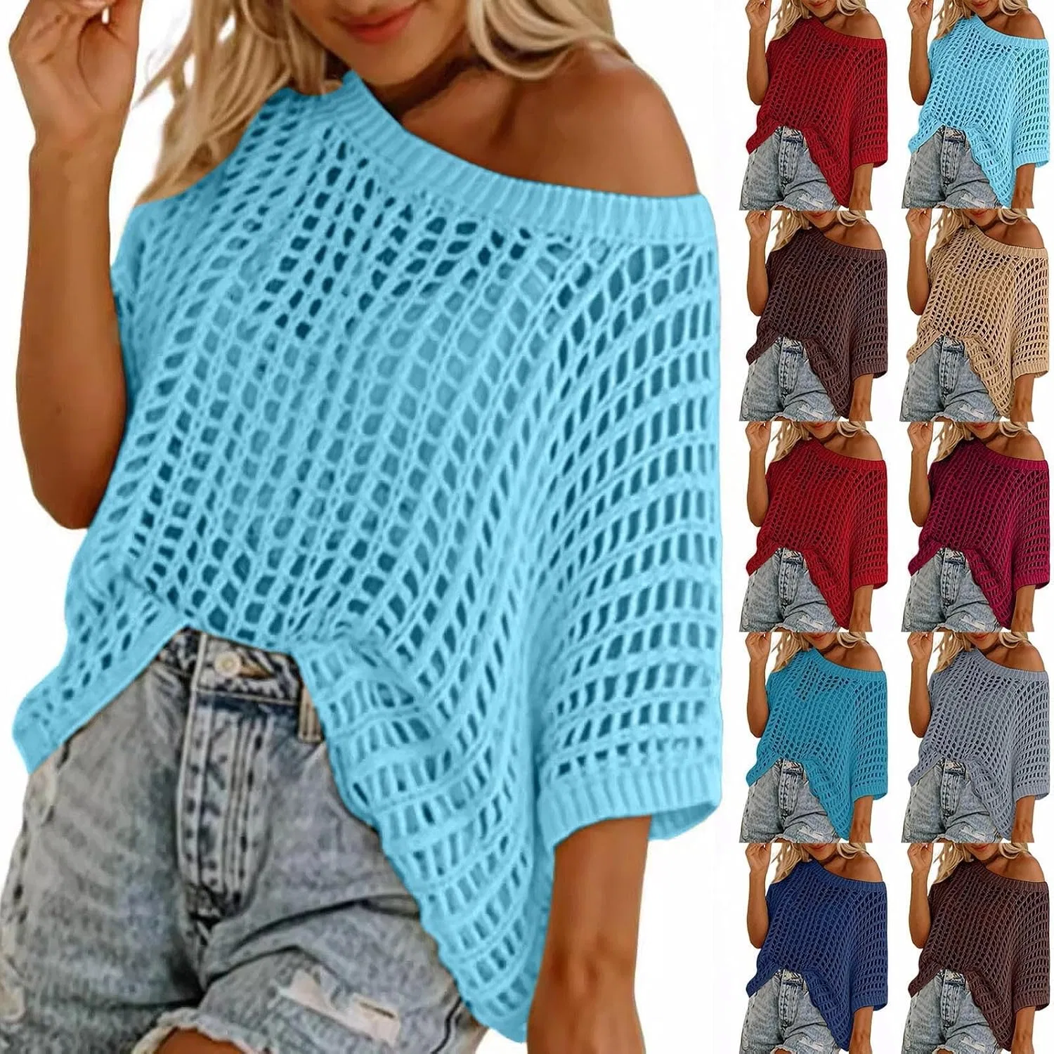 Женская вязаная пляжная накидка с короткими рукавами, Light Blue