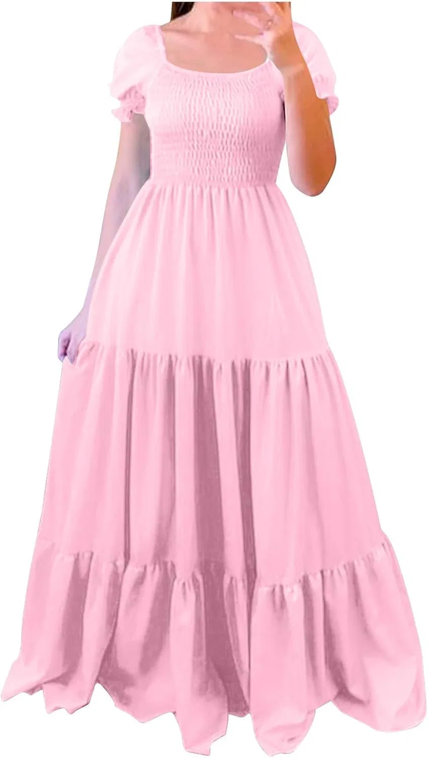 Женское платье макси с пышными рукавами A-line, Pink