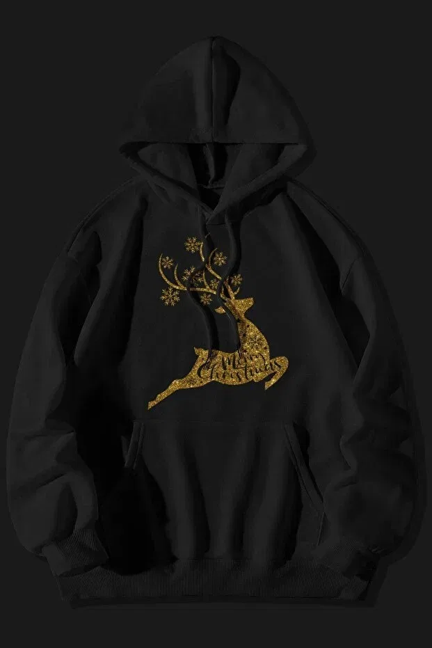 Детские свитшот для девочек с принтом New Year Christmas Deer Gold Design The Baski, Black