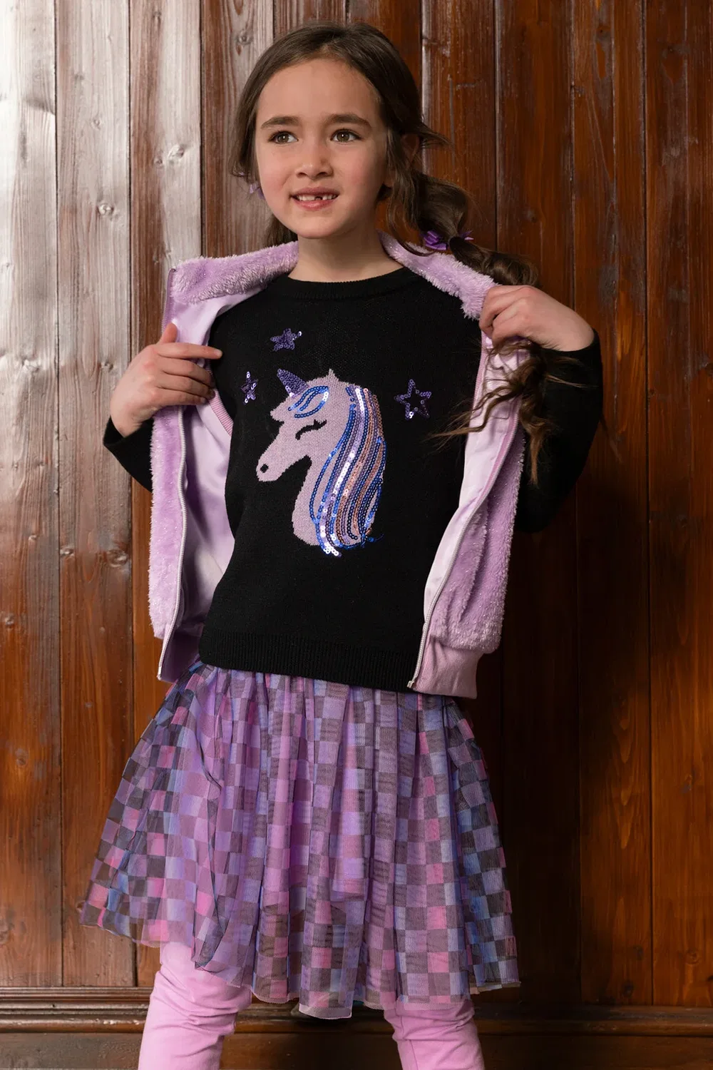 Детская футболка с длинным рукавом с принтом Stardust Unicorn Deux par Deux, Black and Mauve — фото 3
