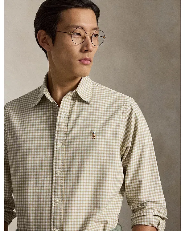 Мужская рубашка из хлопка Classic Fit Gingham Oxford Polo Ralph Lauren, бежевый/белый — фото 4