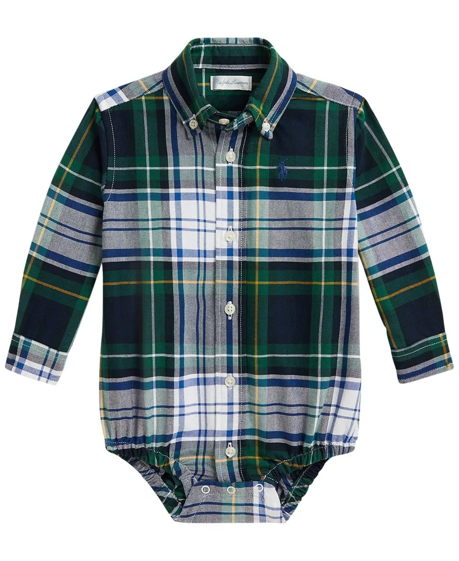 Боди для младенца из хлопковой оксфордской ткани в клетку Polo Ralph Lauren, White Green Multi