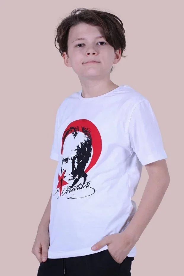 Детская футболка с принтом Signed Crescent and Star Detailed Ataturk Printed Generic Brands, White-Red — фото 2