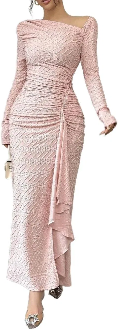 Женское элегантное платье макси с длинным рукавом, асимметричным воротом и драпировкой на талии, розовое