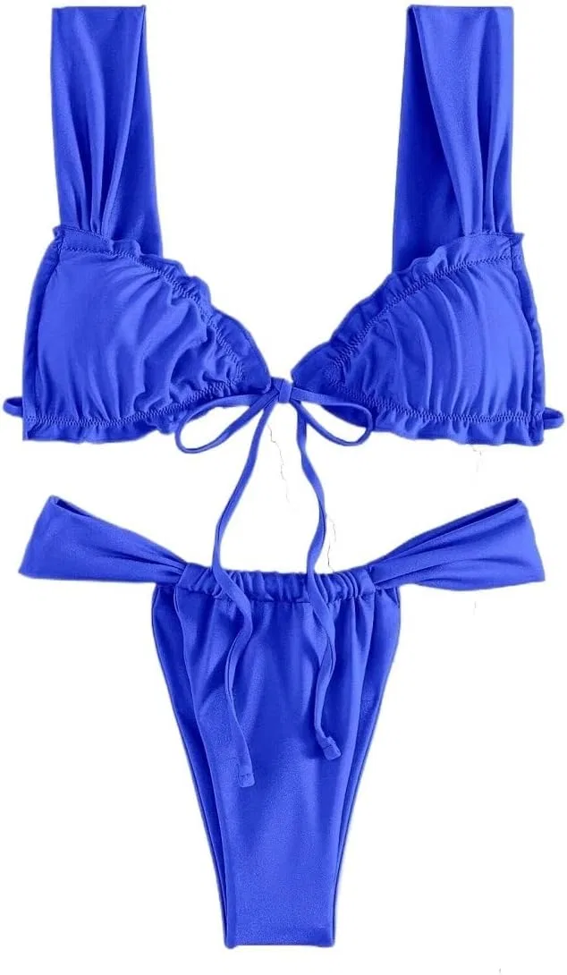 Женский бикини-сет с высокой талией и рюшами, Royal Blue