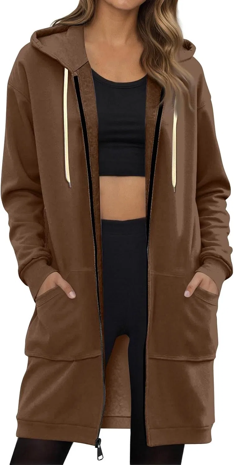 Женское удлинённое худи на молнии Oversized Tunic Hooded Sweatshirts Casual Jacket Fall Winter 2025 Coats Outwear With Pockets, коричневый