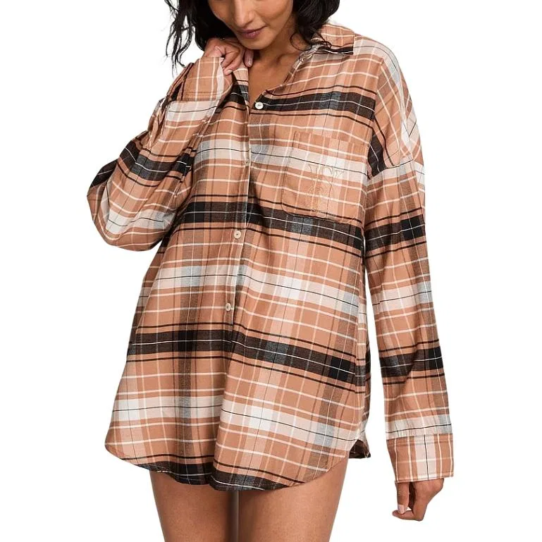 Женская пижамная рубашка с принтом Black Orange Plaid Victoria's Secret