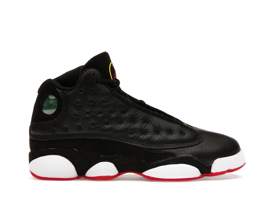 Детские кроссовки для мальчиков с длинным язычком Jordan 13 Retro Playoffs (2023) Jordan, Black/Varsity Red-White-Vibrant Yellow