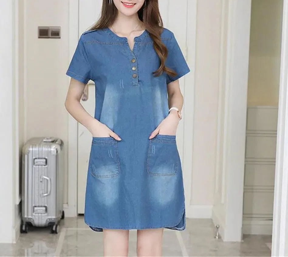 Женское джинсовое платье V-образным вырезом с коротким рукавом, Slim Fit — фото 2