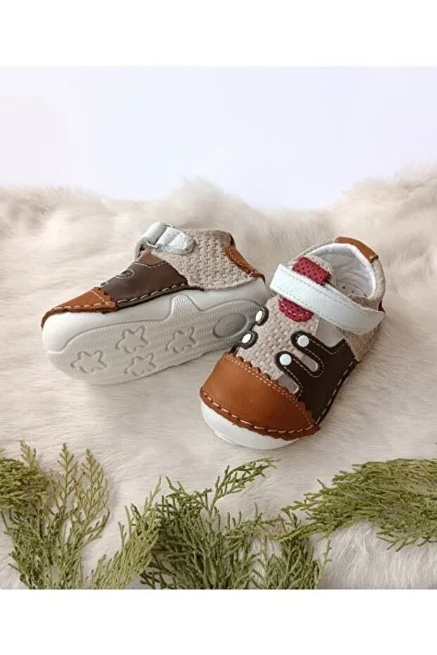 Детские ортопедические ботиночки из натуральной кожи Nody genuine leather ilkadım baby kids orthopedic booties sandals shoes Hodore, Tan Color — фото 2