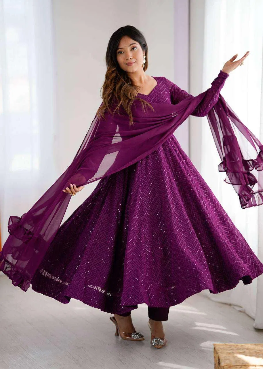 Женская туника-курта с вышивкой Anarkali, комплект с брюками и дупаттой, фиолетовый — фото 4