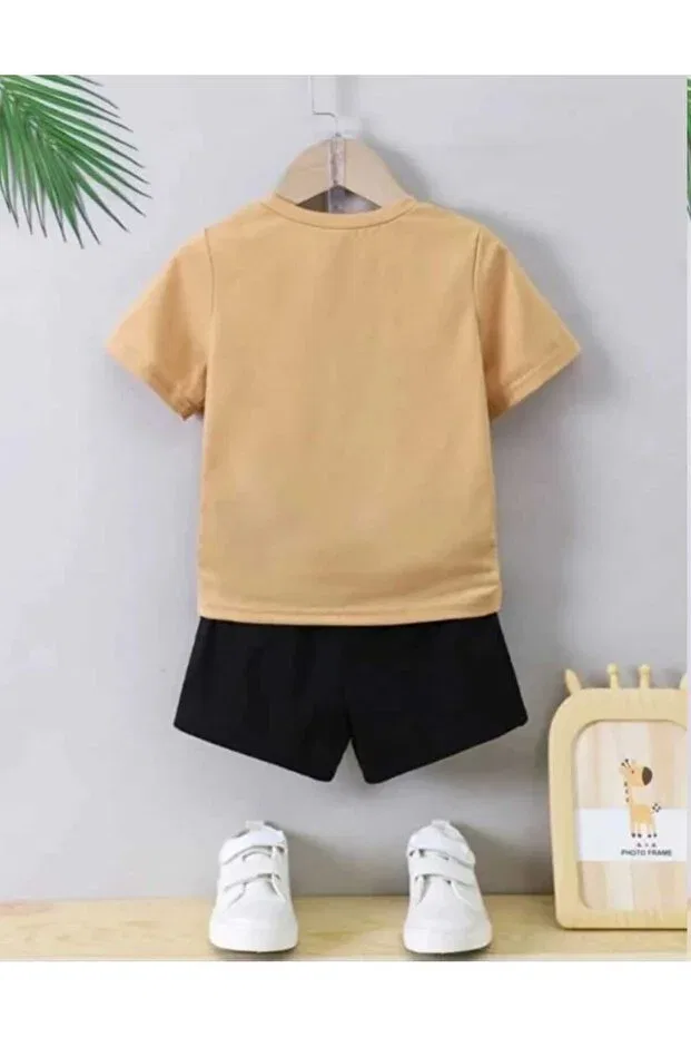 Детский комплект для девочек с принтом Summer children's t-shirt shorts unisex (dog print with pro) Nice Clothes, Bottom Black Top Beige — фото 2