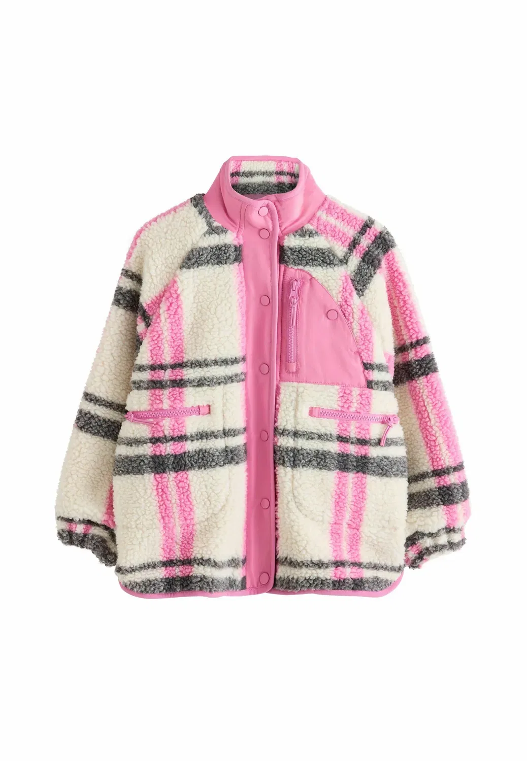 Куртка из искусственного меха на пуговицах - флисовая куртка Next, Ecru Pink Check — фото 4