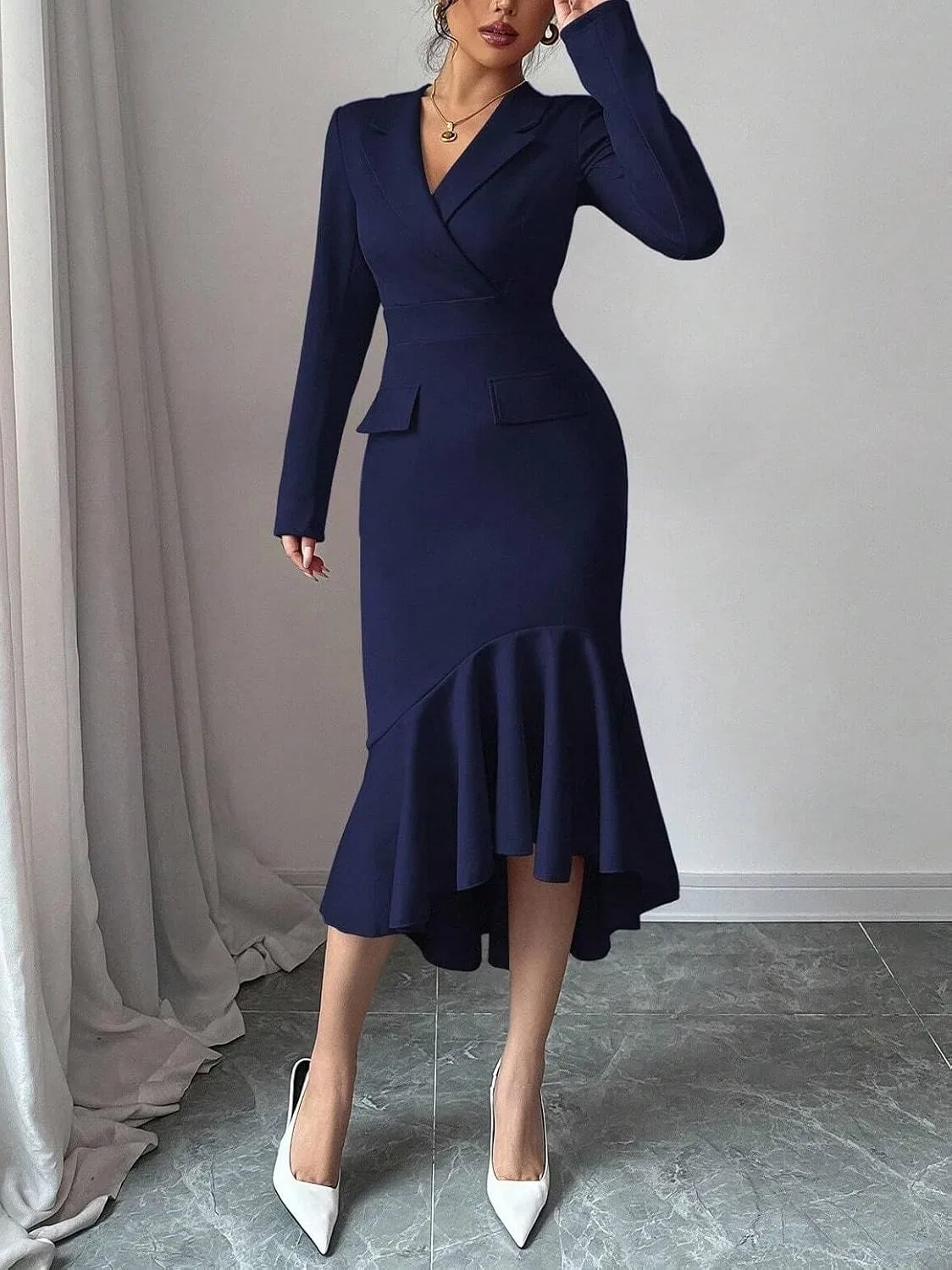 Женское платье-миди с запахом, асимметричный подол, Royal Blue — фото 3