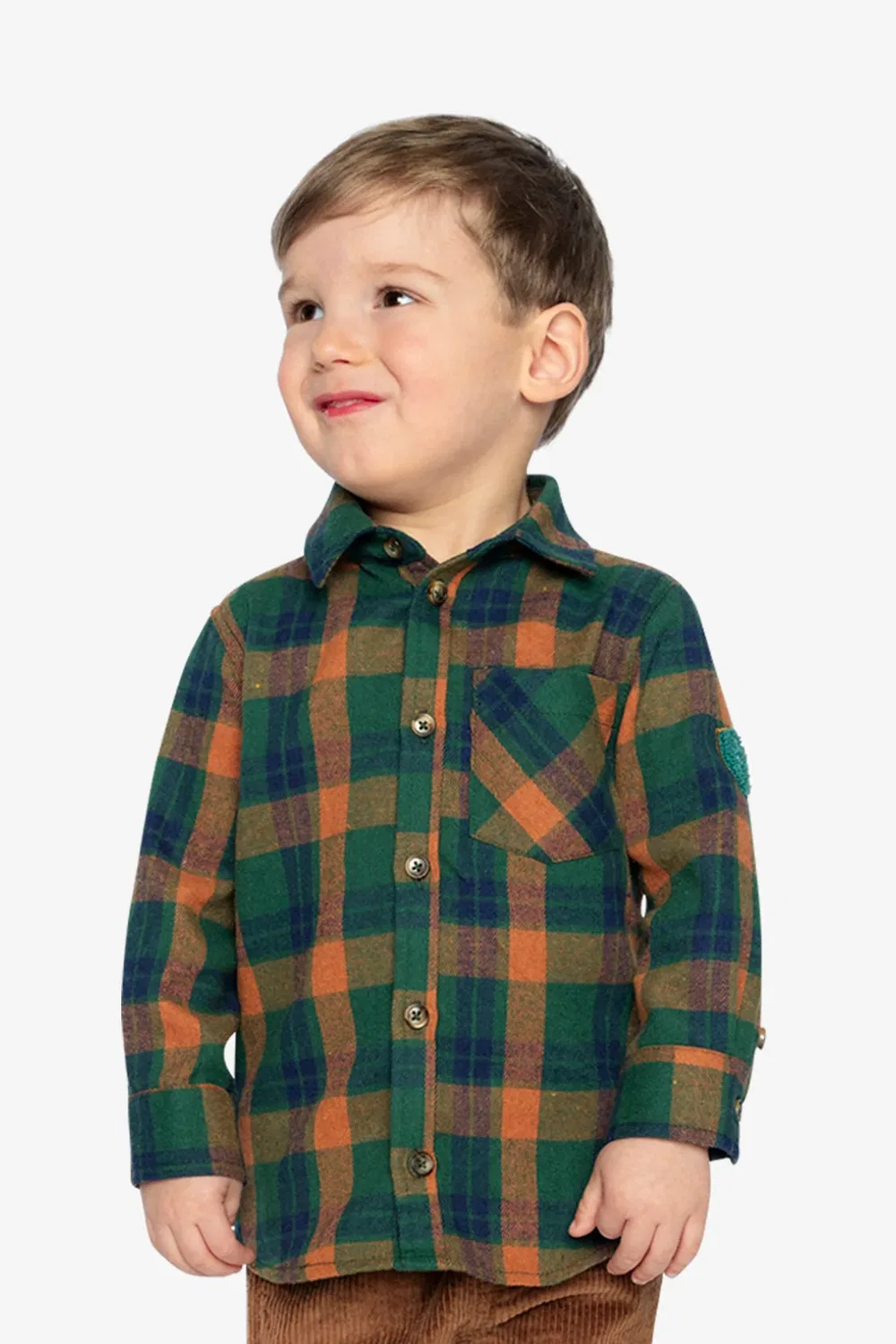 Детская рубашка в клетку с длинным рукавом Baby Plaid Shirt Deux par Deux, Orange Blue and Green Tiles — фото 4