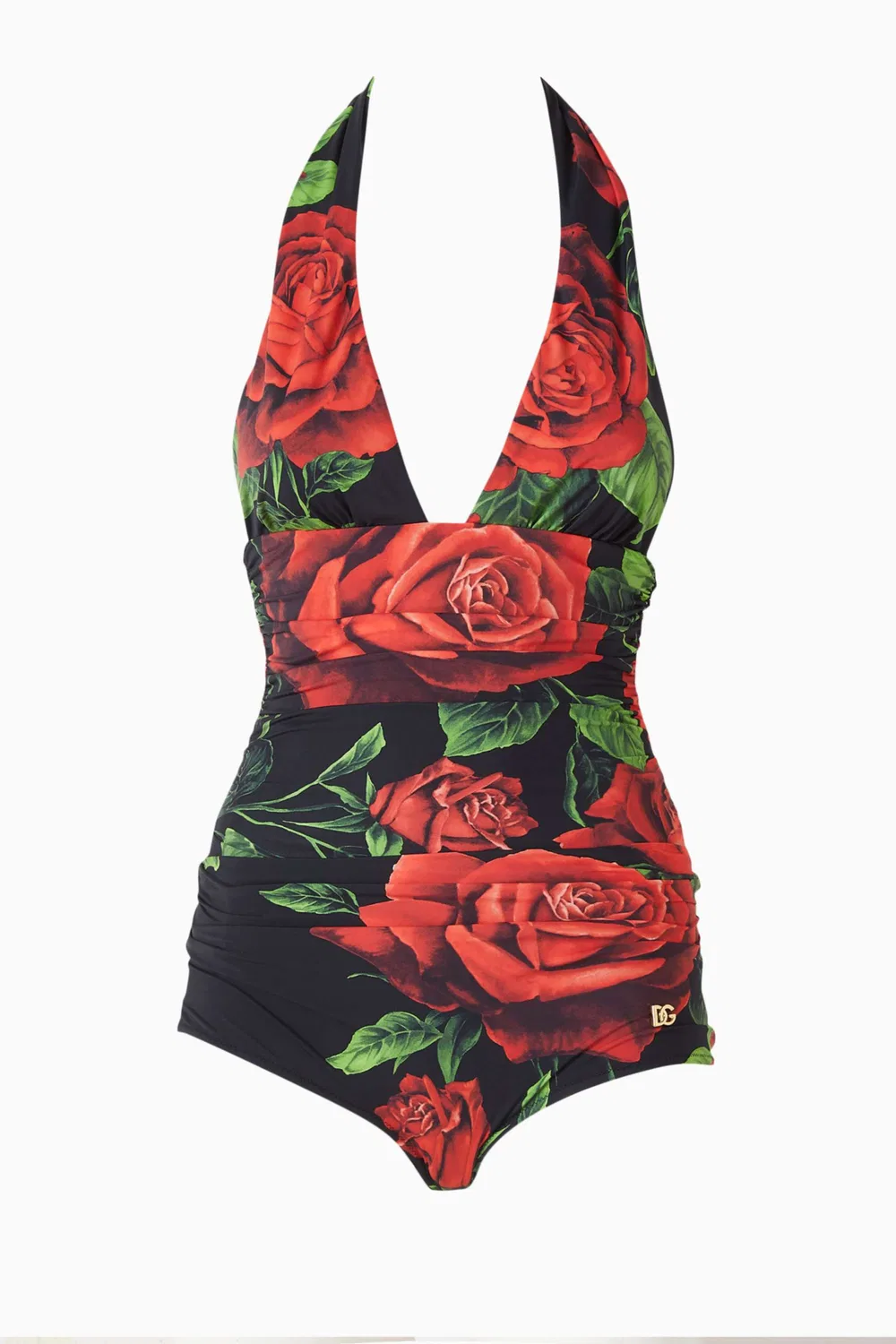 Купальник слитный с принтом роз с завязками на шее Dolce & Gabbana