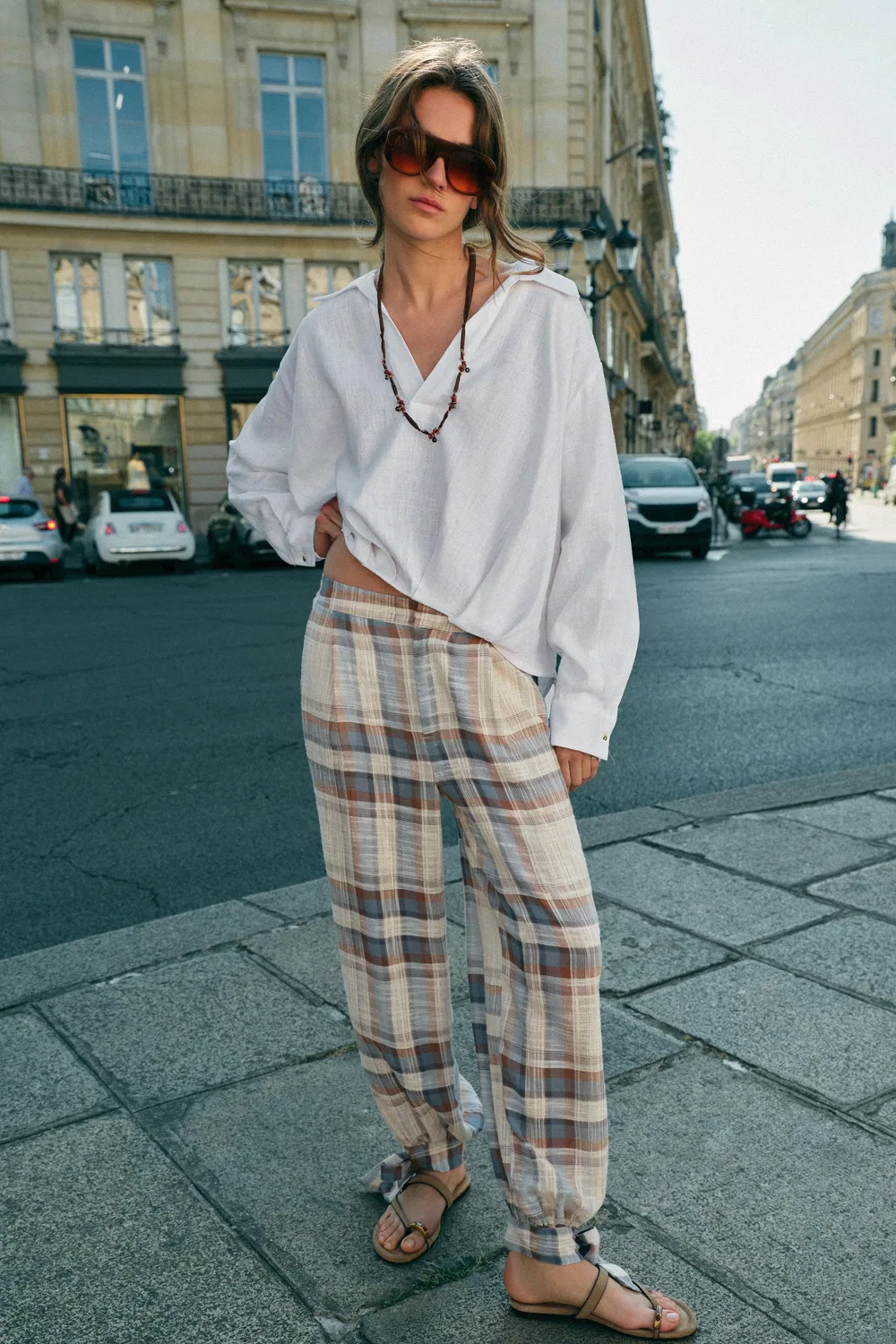 Клетчатые брюки саруэль с бантами ZARA, Brown-Blue