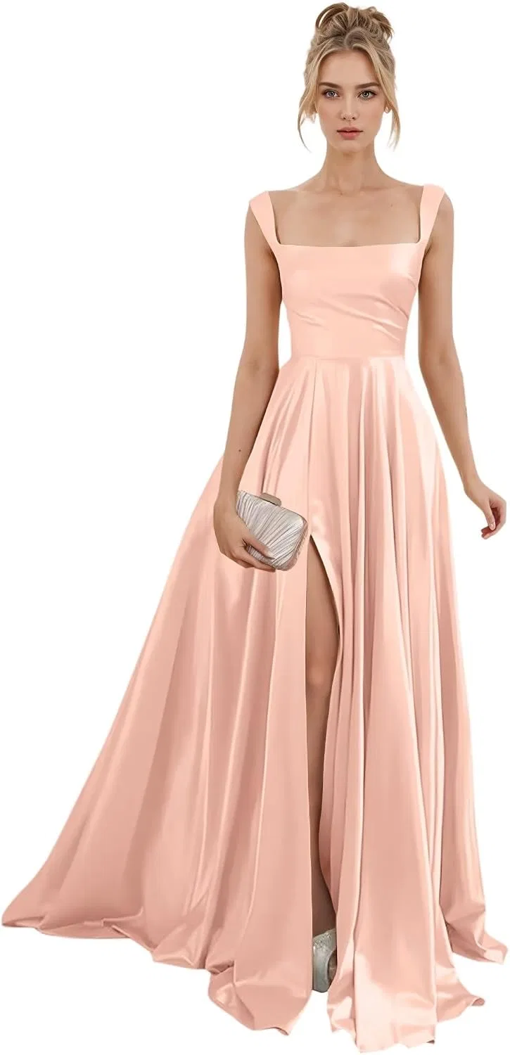 Женское атласное платье-миди с разрезом MJ50, Blush Pink