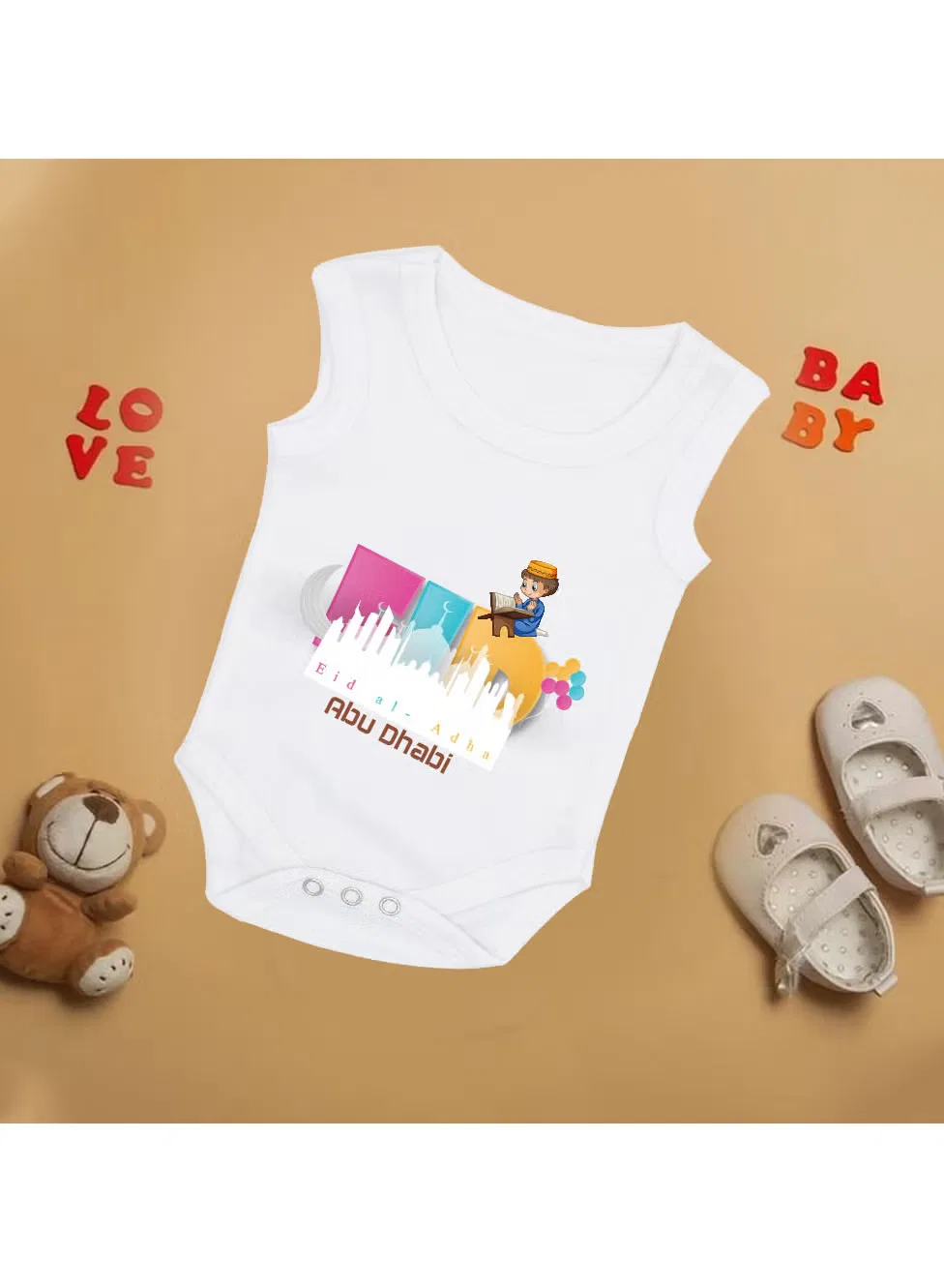 Боди-комбинезон без рукавов с принтом My First Eid Abu Dhabi Printshop4Me, белый — фото 3
