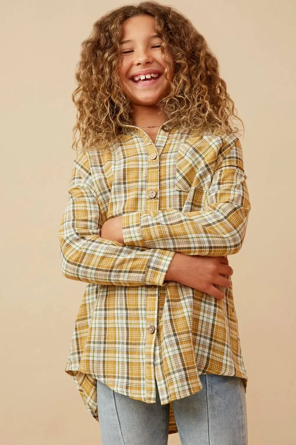 Детская рубашка с принтом Plaid Button Up Hayden Girls, Mustard
