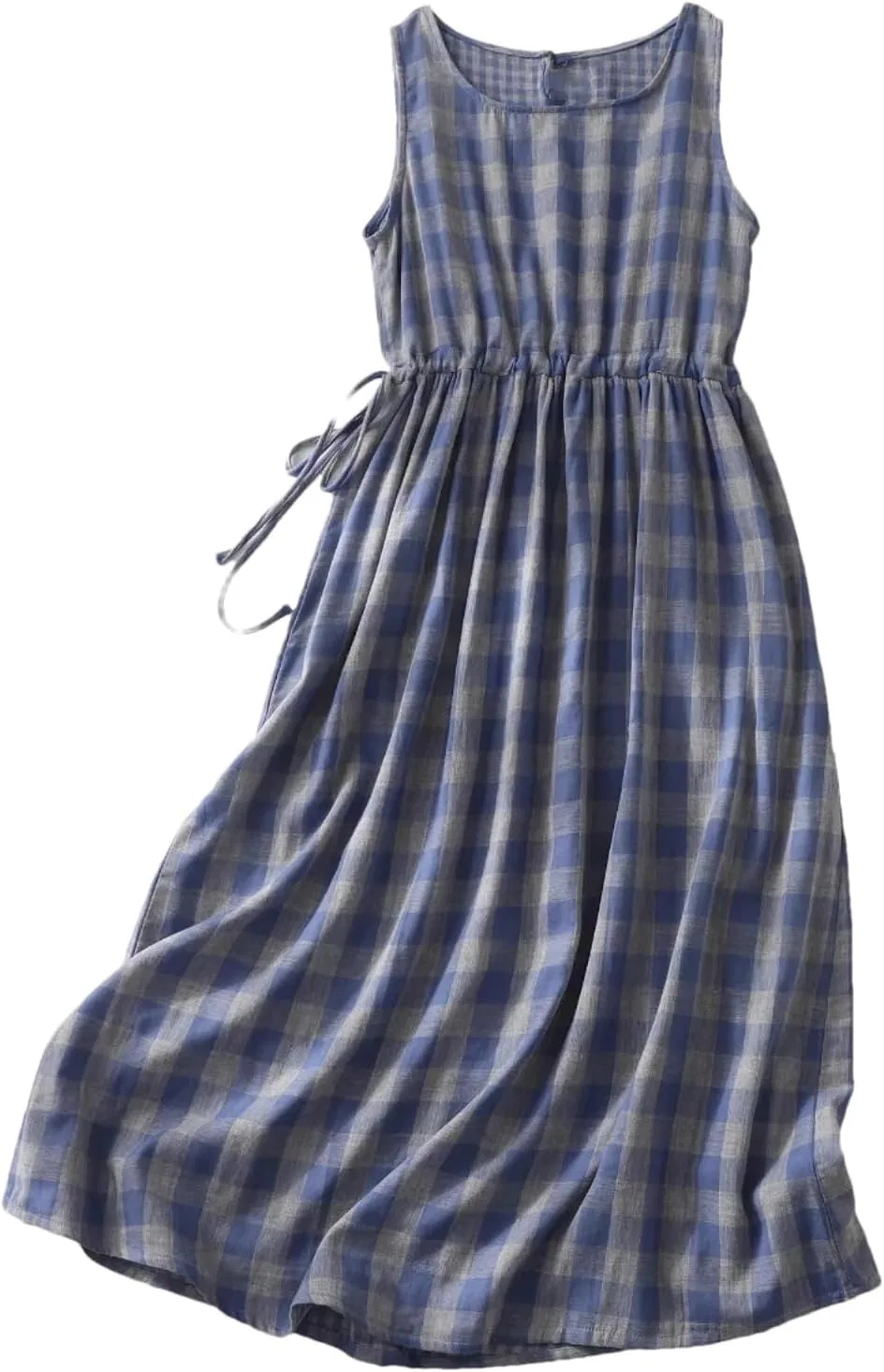 Женское платье-трапеция с цветочным принтом, Sleeveless, Blue Big Plaid