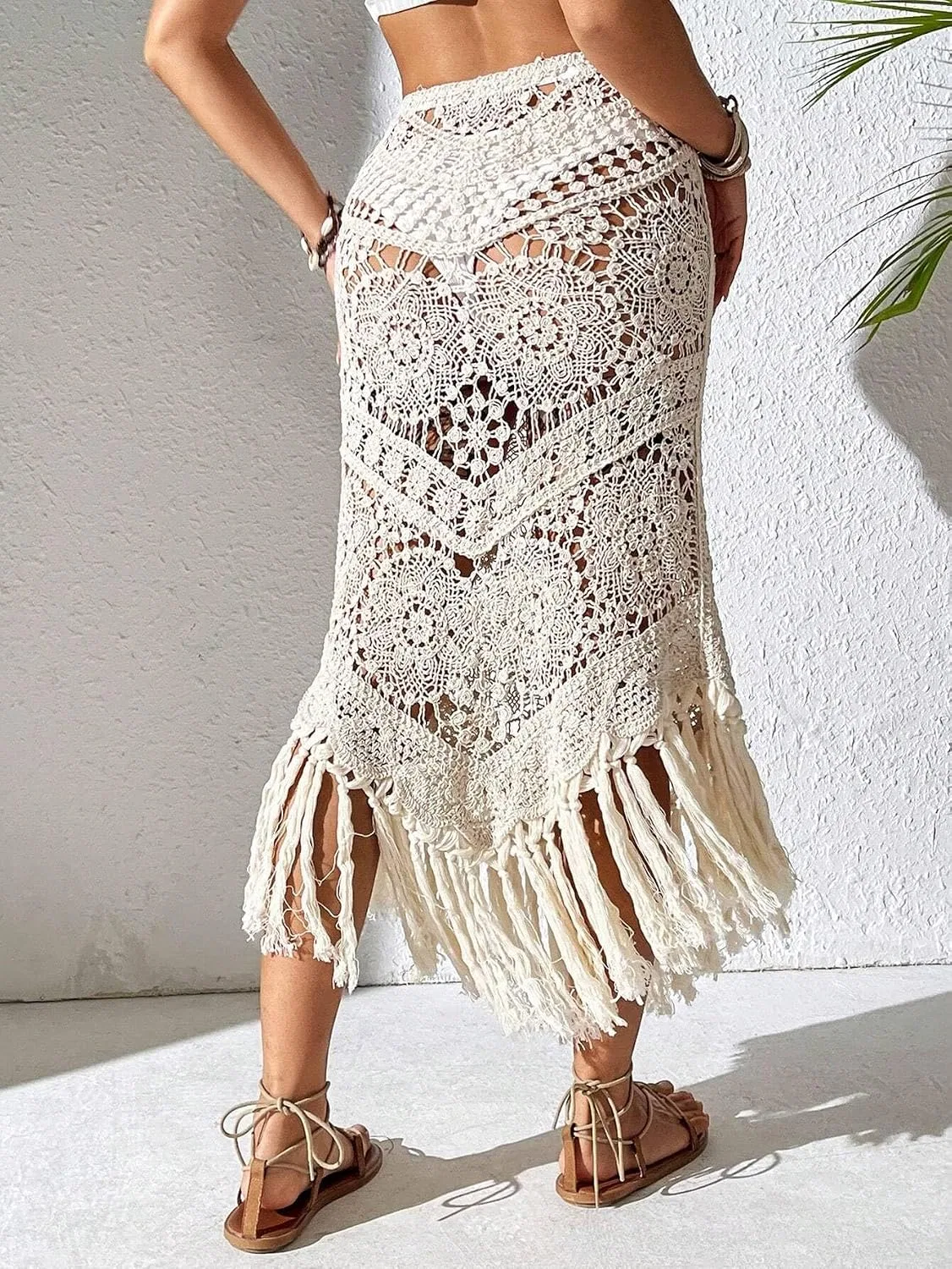 Женская пляжная накидка с вырезами, Hollow Out Hem Skirt, Apricot — фото 2