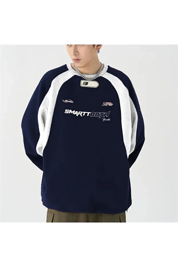 Детские свитшот оверсайз с принтом Y2K streetwear smarttooth printed Touz Moda, Navy Blue — фото 3