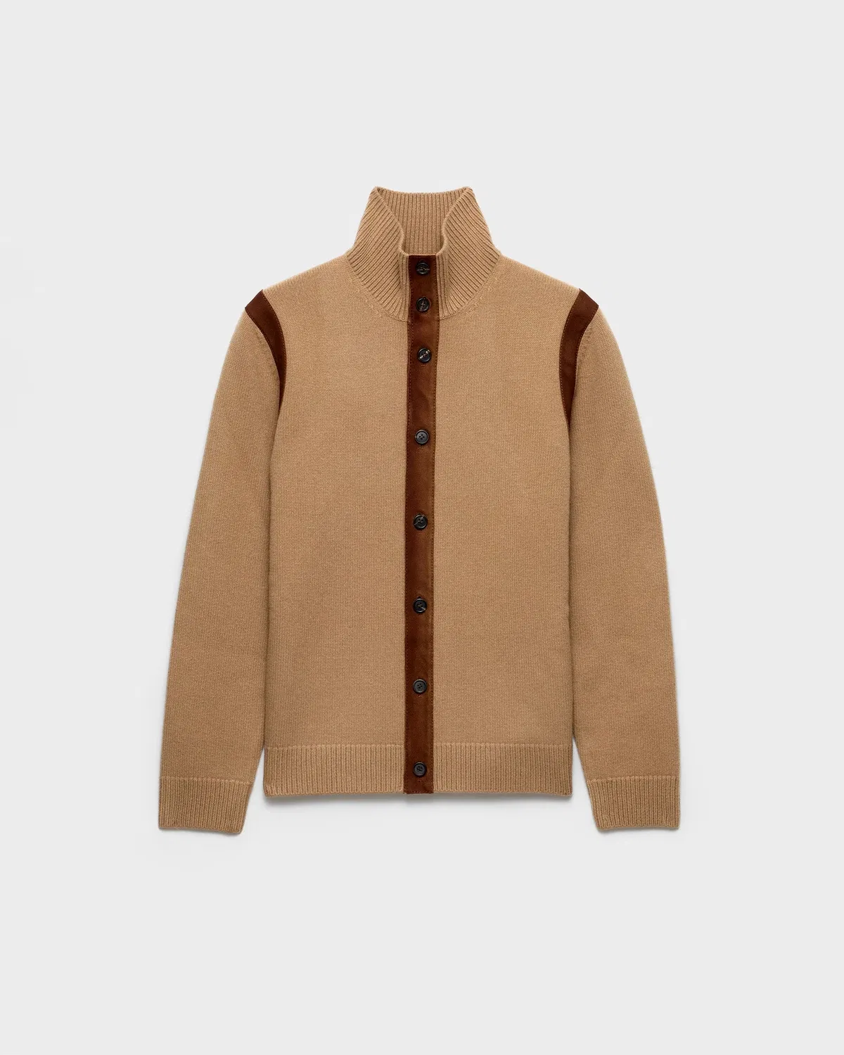 Шерстяной кардиган с кожаными аппликациями Prada, коричневый