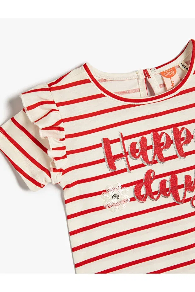 Детская футболка с пайетками Striped t-shirt ruffled sequin-paillette embroidered short sleeve cotton Koton, Red Patterned — фото 3