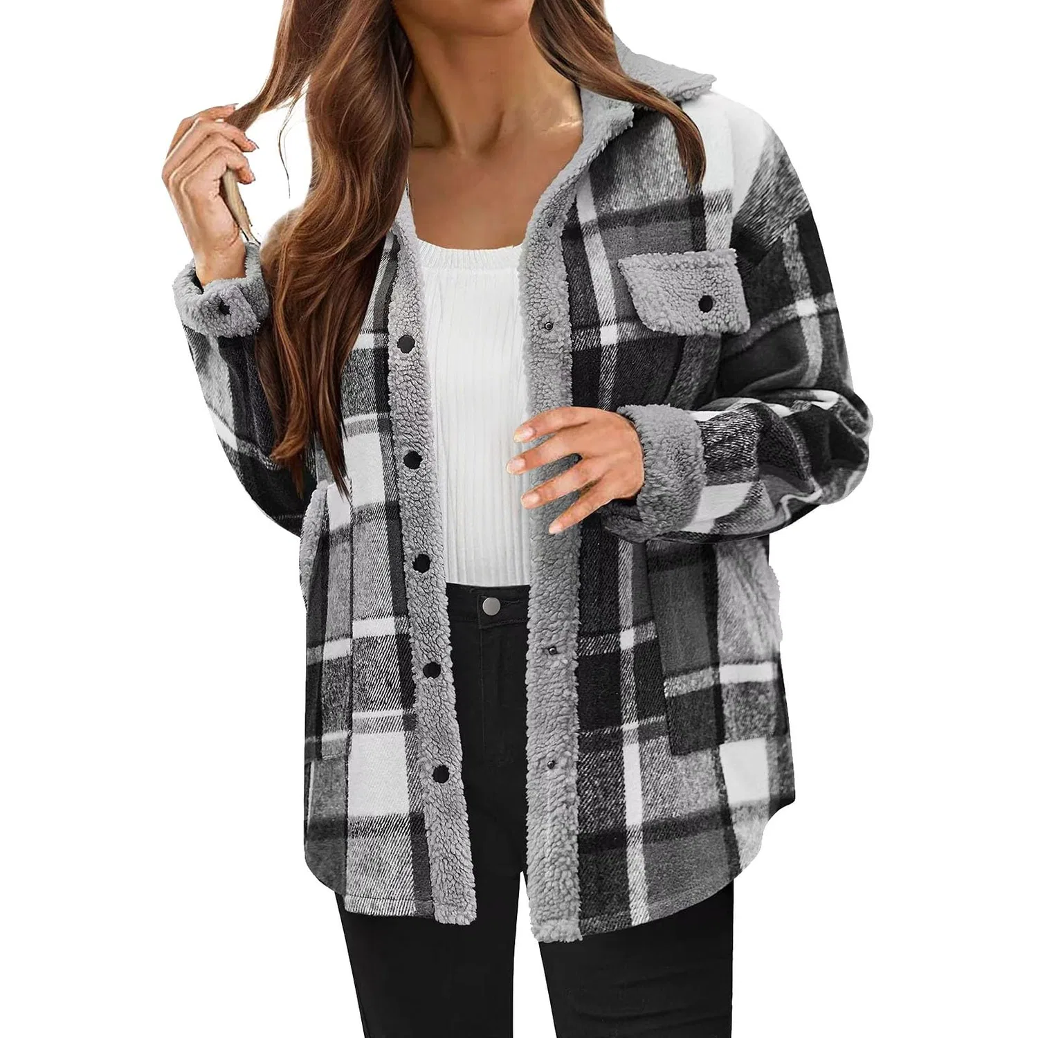 Женская куртка из флиса с принтом, модель Oversize Plaid, Grigio scuro